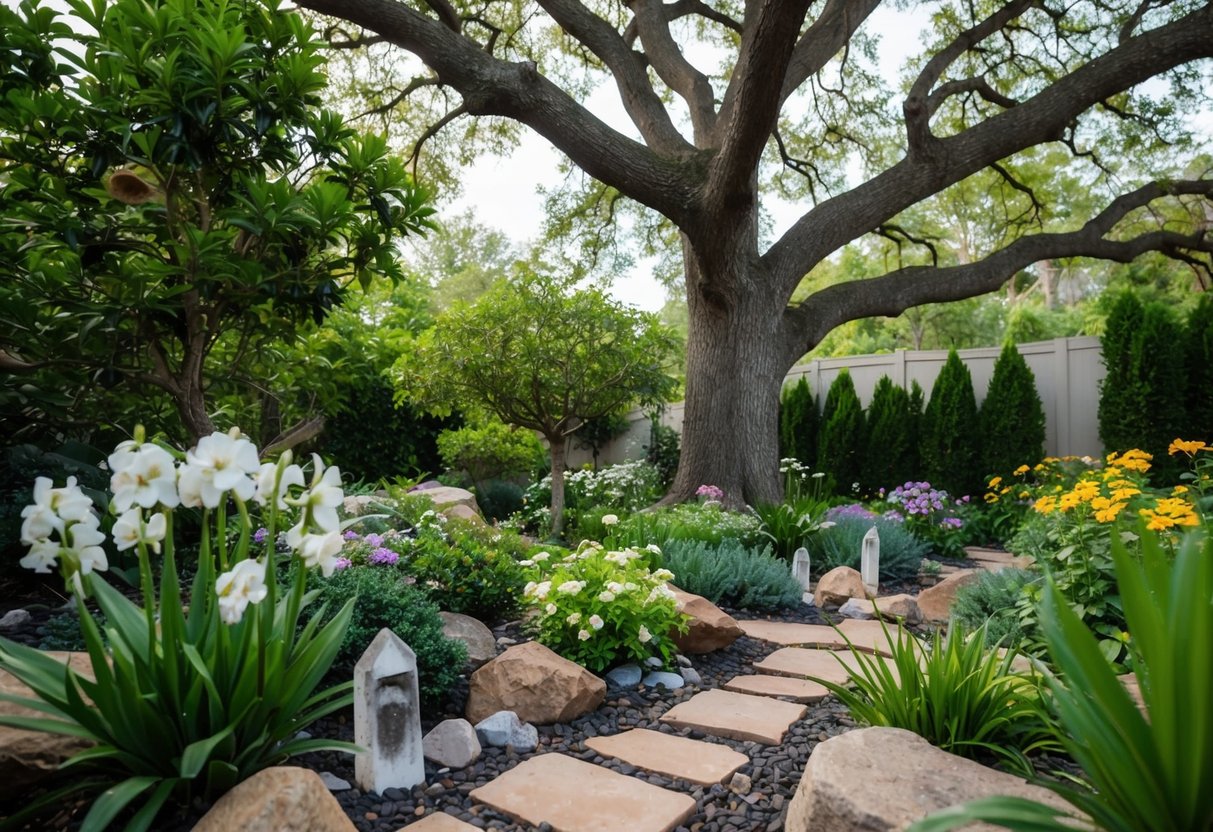 A lush garden with blooming flowers and a sturdy oak tree, surrounded by grounding elements like rocks and crystals. The earth sign's manifestation practice is depicted through the serene and abundant natural setting