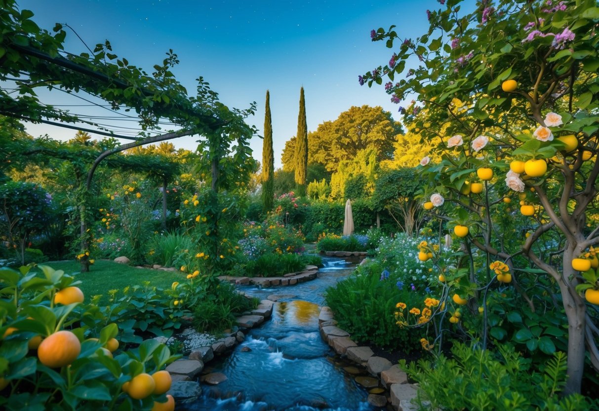 A lush garden with blooming flowers and intertwining vines, surrounded by fruitful trees and flowing streams, under a clear, starlit sky