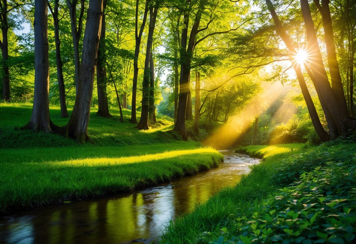 A lush green forest with sunlight filtering through the trees, casting warm golden hues on the earth. A tranquil stream flows, reflecting the sky