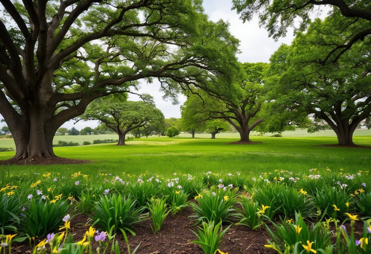 A lush, green landscape with sturdy oak trees, blooming flowers, and fertile soil. A tangible representation of earth's grounding energy