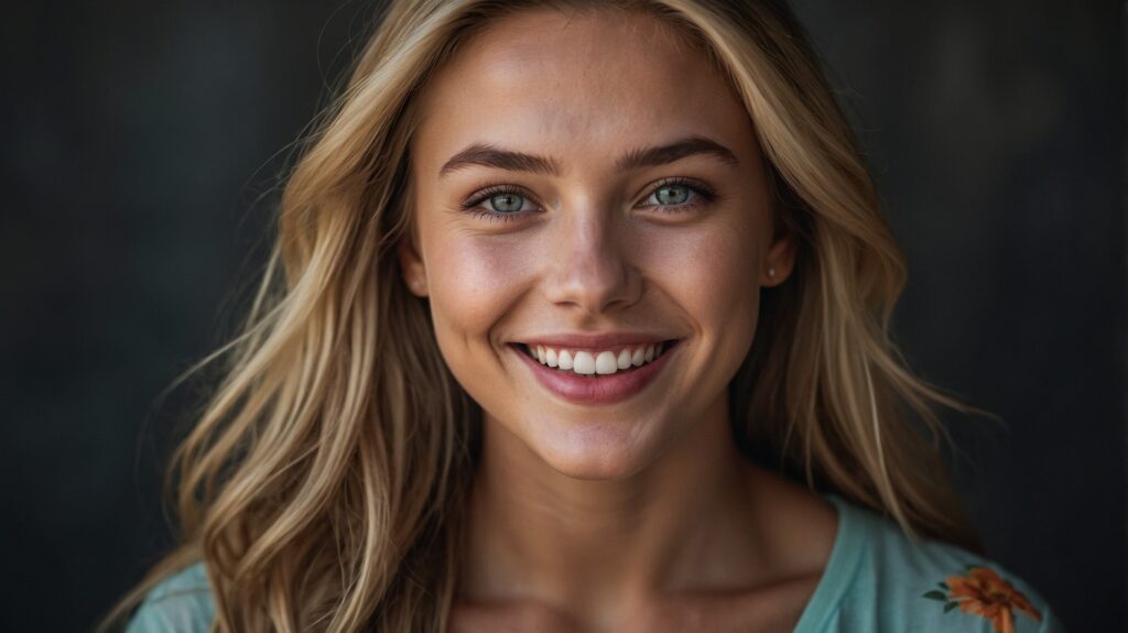 A radiantly confident young white woman exudes self-love and pride in every gesture and expression. Her eyes sparkle with joy and her smile radiates warmth, showcasing a true sense of self-worth. This image is a photograph capturing her genuine happiness and satisfaction. She stands tall and strong, with a glow that illuminates the frame, highlighting the beauty of her inner strength. The composition is striking, with vivid colors and perfect clarity, capturing a moment of pure empowerment and happiness.