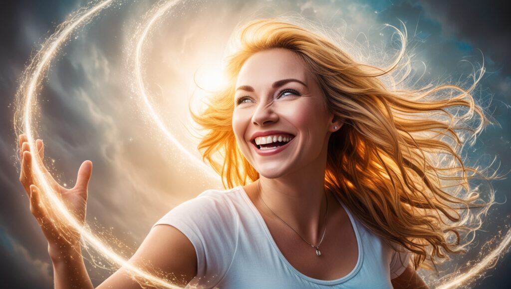 A beaming, radiant young adult woman, shedding her self-imposed limitations with joy and zeal. She exudes happiness and passion, surrounded by an ethereal, otherworldly atmosphere. The image, super realistic, showcases the woman's bright, shining smile and vibrant aura as she liberates herself from constraints. Her eyes sparkle with elation, and her flowing golden hair appears to shimmer with an inner light. Every detail radiates with celestial energy, from the gentle, swirling strands of light around her to the joyful, uplifted tilt of her head. This captivating depiction beautifully captures the transformative power of belief and the magic of self-discovery.