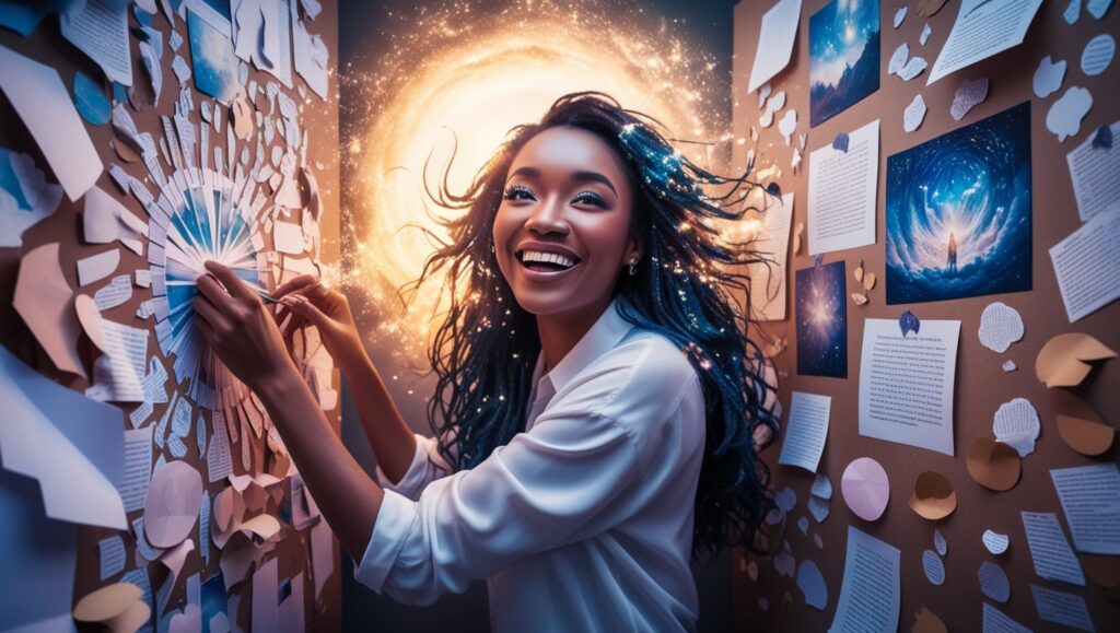 A joyfully radiant young woman, exuding happiness and mystique as she intricately arranges a vision board. Surrounded by a multitude of carefully crafted pieces of paper and cutouts, she loses herself in the beauty of her dream life. This captivating image, resembling a hyper-realistic photo, showcases her celestial aura and connection to otherworldly realms. Every detail is immaculately rendered, from the sparkle in her eyes to the ethereal glow that surrounds her, making this a truly mesmerizing and high-quality portrayal of optimism and inspiration.