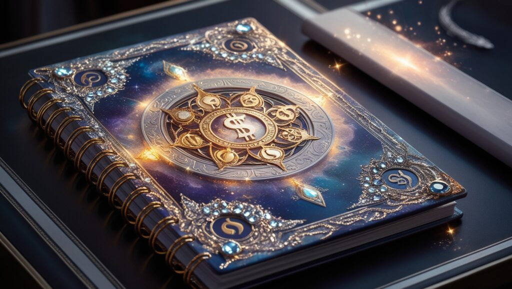 A mystical and magical money planner lies on a desk, exuding an ethereal charm. Every intricate detail captivates: shimmering symbols shimmer in celestial gold and silver, intricate patterns entwined with twinkling gemstones. The planner emanates a faint, otherworldly glow, drawing the viewer into its enchanting aura. This mesmerizing image, seemingly from a realm beyond our own, is a painting of unparalleled beauty and mystique.