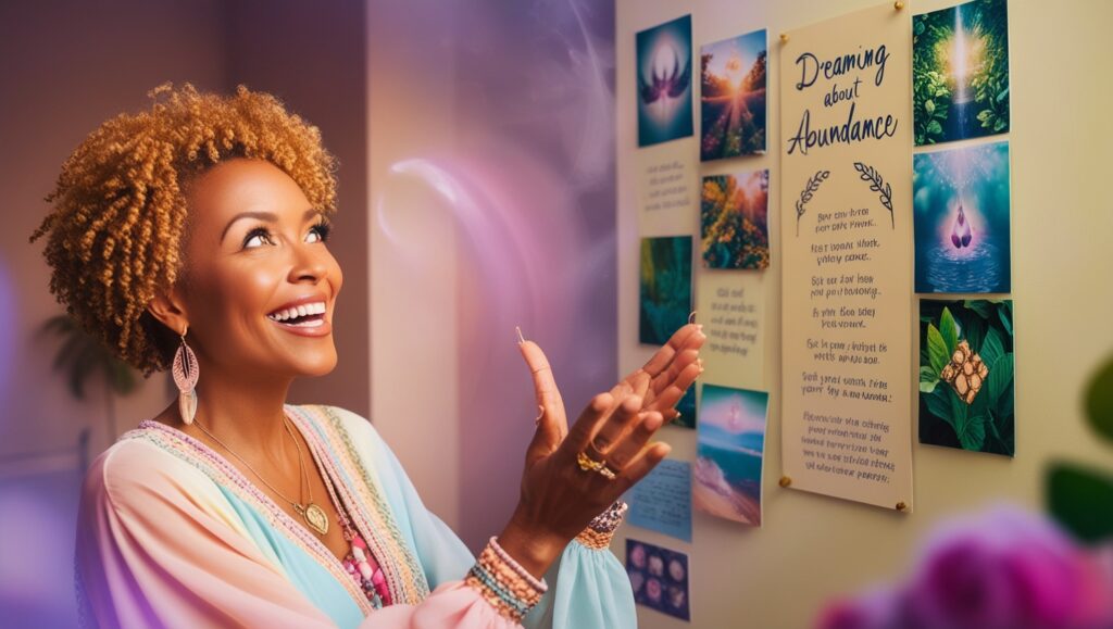 A vibrant, high dynamic range HDR photograph of a radiant, super happy woman in her mid-30s with a warm, golden skin tone, bright hazel eyes, and curly, honey-blonde hair, dreaming about abundance as she gazes intently at her vision board on a pale cream-colored wall adorned with inspirational quotes, images of lush nature, and symbols of prosperity, surrounded by soft, ethereal light that evokes a sense of mysticism, with a shallow depth of field to emphasize her joyful expression, dressed in a flowy, bohemian-style outfit with a mix of pastel colors, against a blurred background with subtle, gradient hues of rose and lavender, capturing the essence of positivity and manifestation.